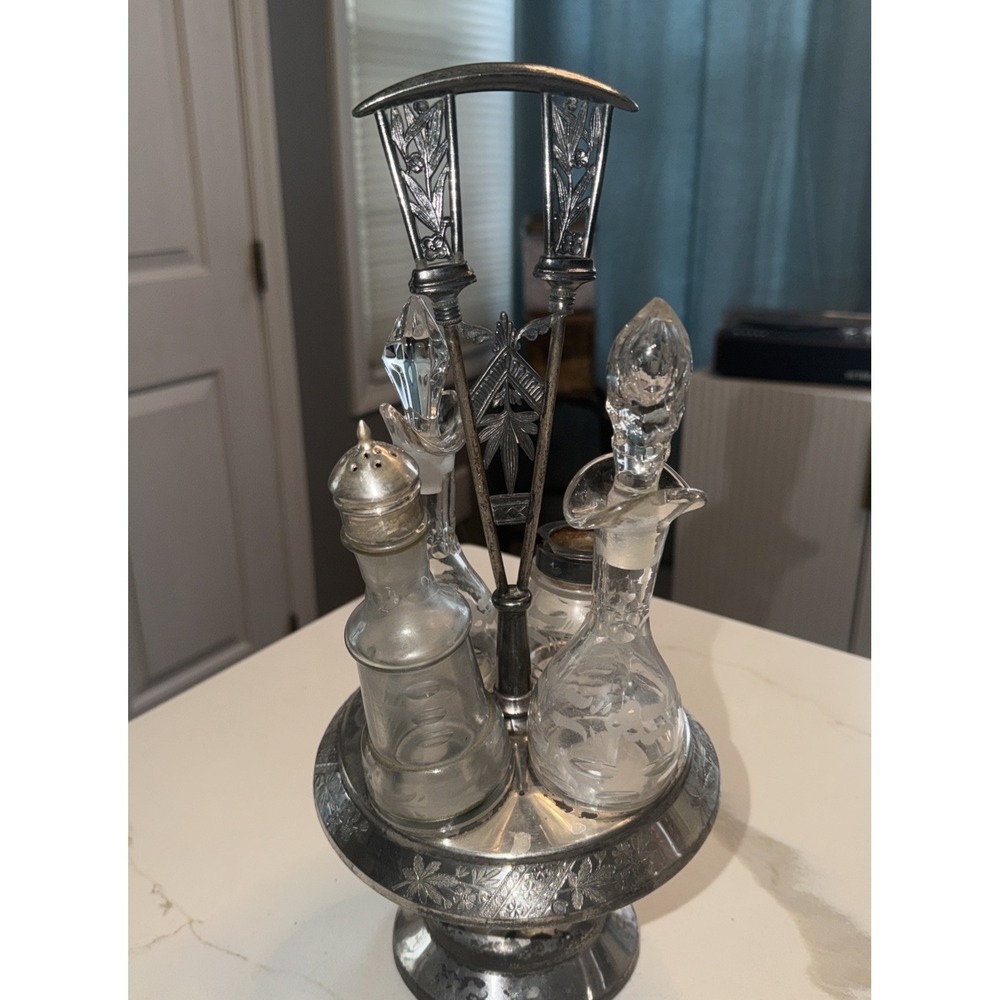 Victorian Rogers &Bro Silverplate Cruet Set Glass Bottles Ornate Holder 1850-99